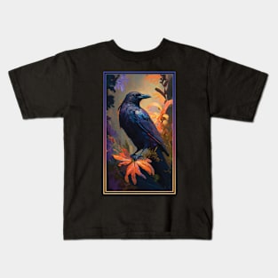 Crow Vibrant Tropical Flower Tall Digital Oil Painting Portrait Kids T-Shirt